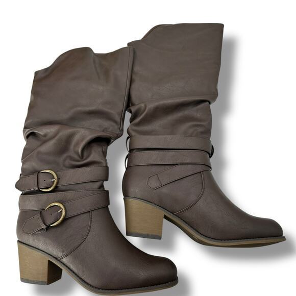 NEW Journee Collection Brown Faux Leather Ruched Boots Size 10 Buckle NWT - Picture 1 of 7